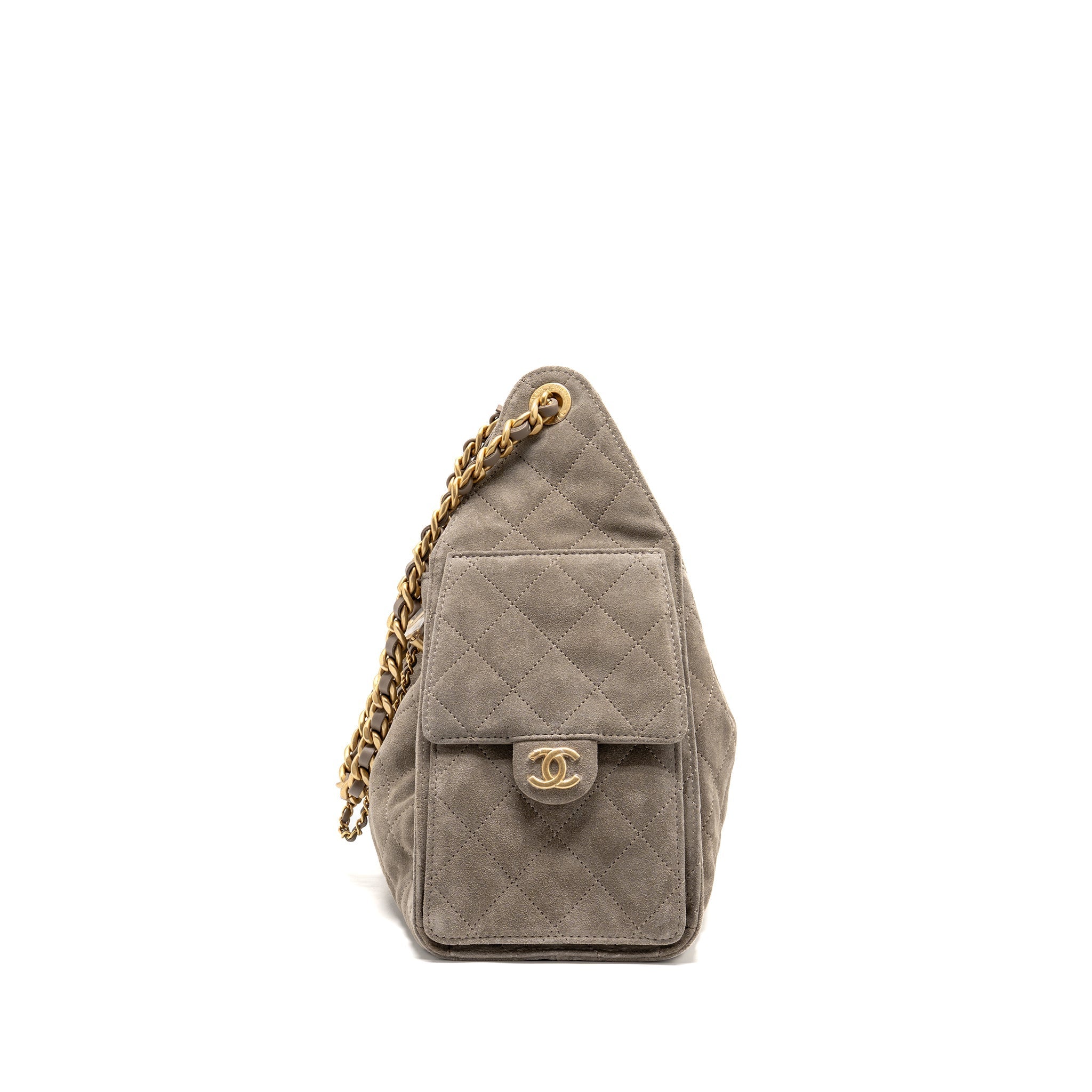 CHANEL Small 25 -laukku harmaasta mokkanahasta, kultaisilla metalliosilla (mikrosiru)
